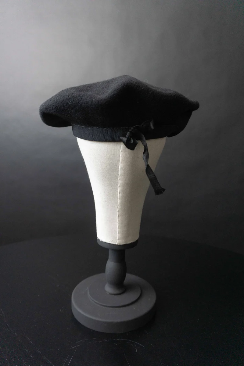 Vintage Baret, Wolle, Zugband, Schwarz, M