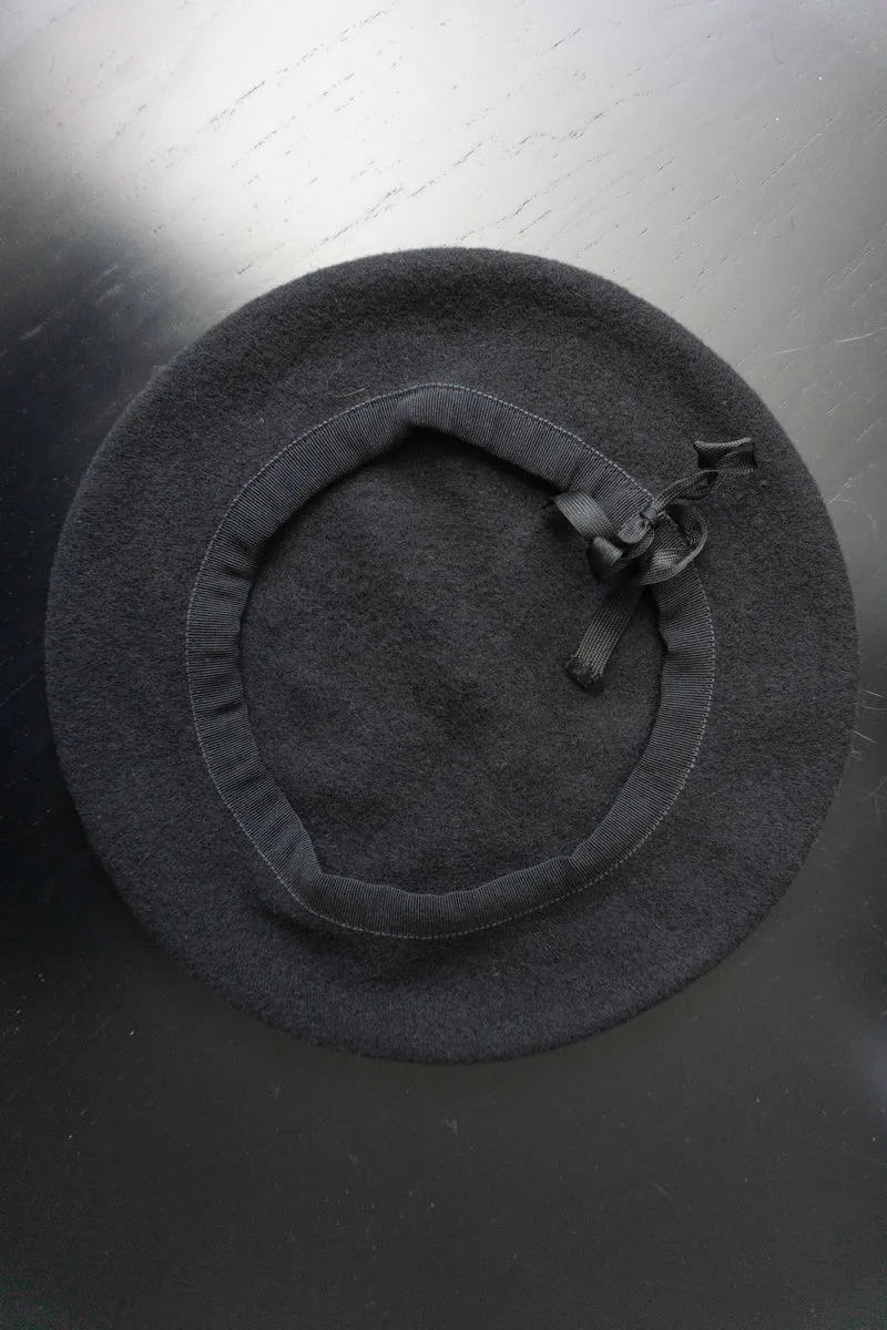 Vintage Baret, Wolle, Zugband, Schwarz, M