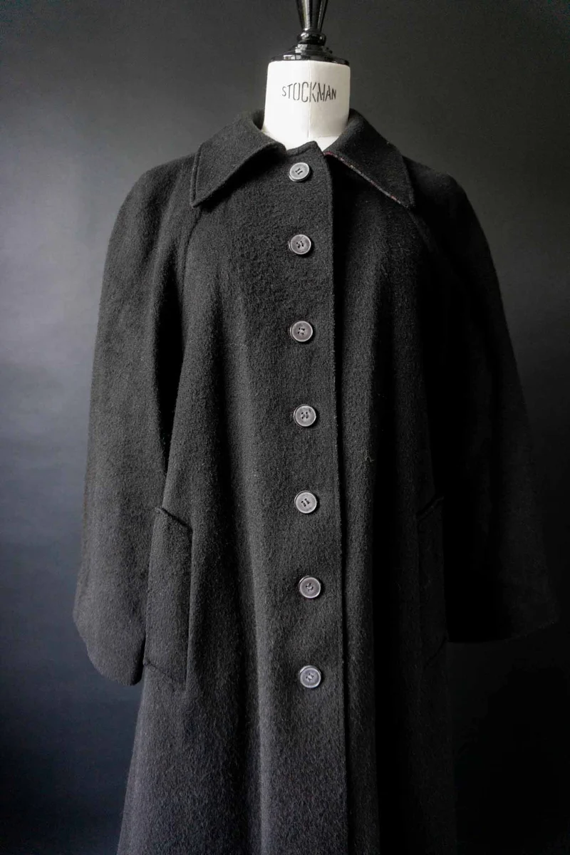 Vintage Wolllmantel, Schwarz, S–M