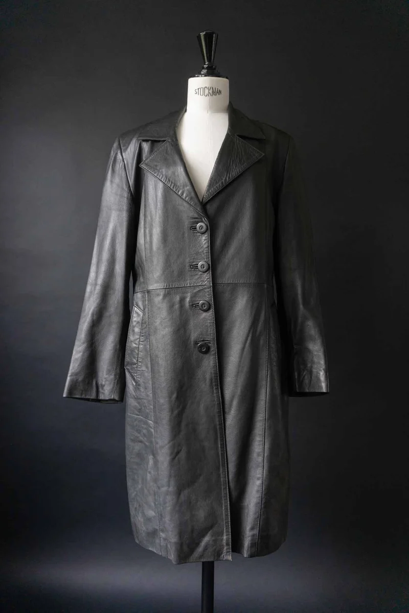 Vintage Ledermantel 90s, Schwarz, S–M