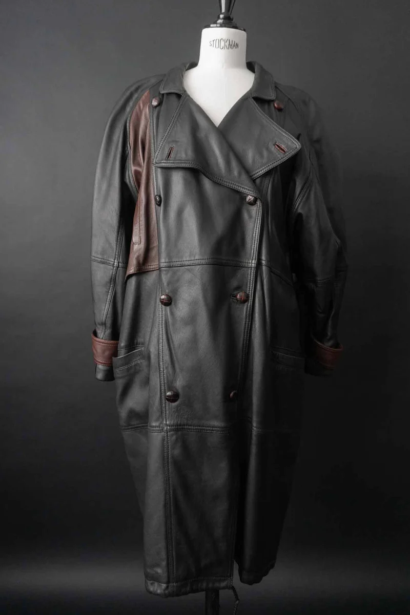 Vintage Ledermantel 80er, Weinrot Schwarz, M–XL