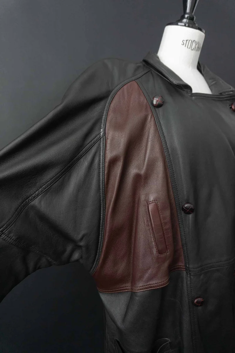 Vintage Ledermantel 80er, Weinrot Schwarz, M–XL