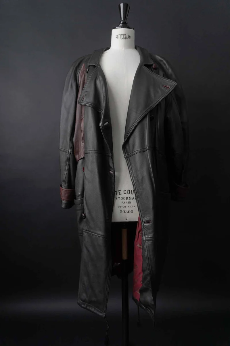 Vintage Ledermantel 80er, Weinrot Schwarz, M–XL