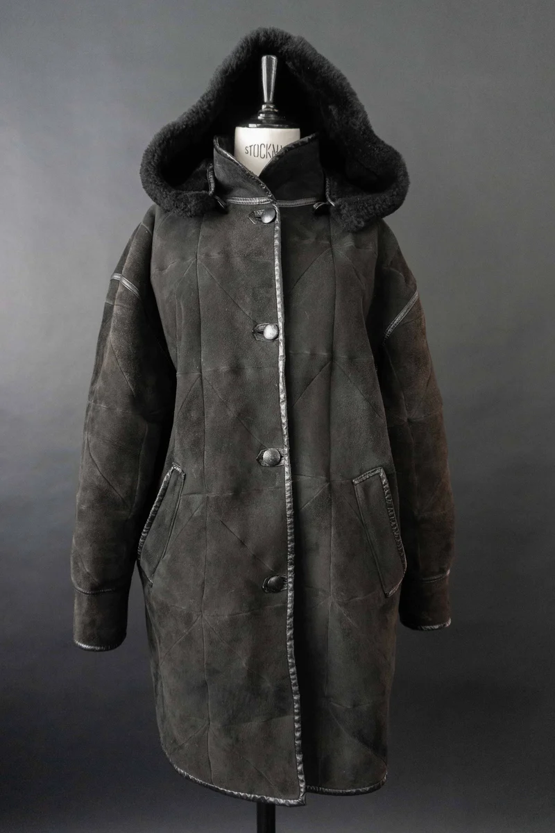 Vintage Lammfellmantel Kapuze, S–M