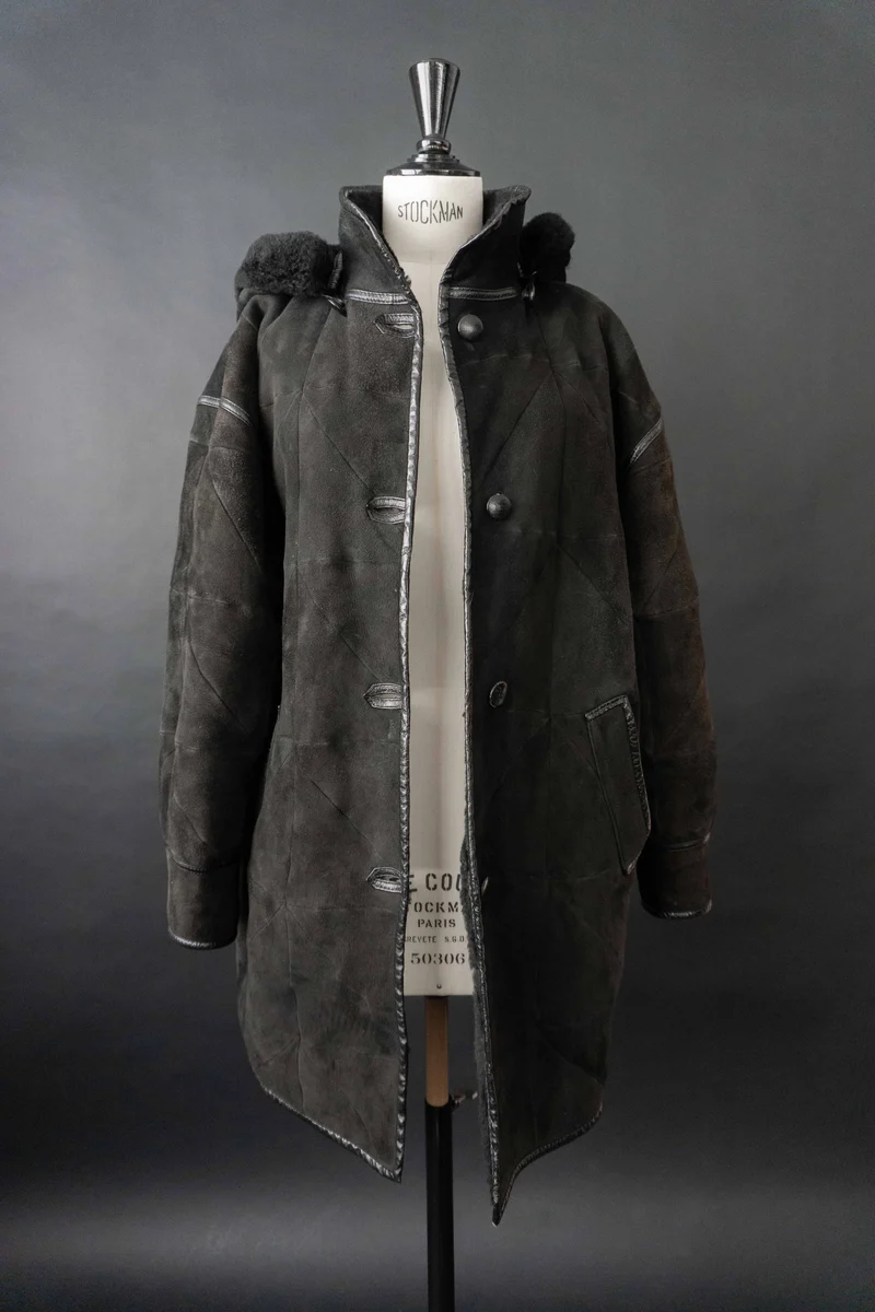 Vintage Lammfellmantel Kapuze, S–M
