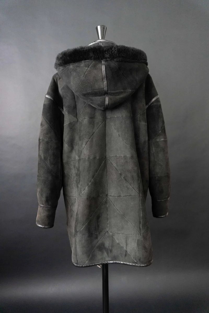 Vintage Lammfellmantel Kapuze, S–M