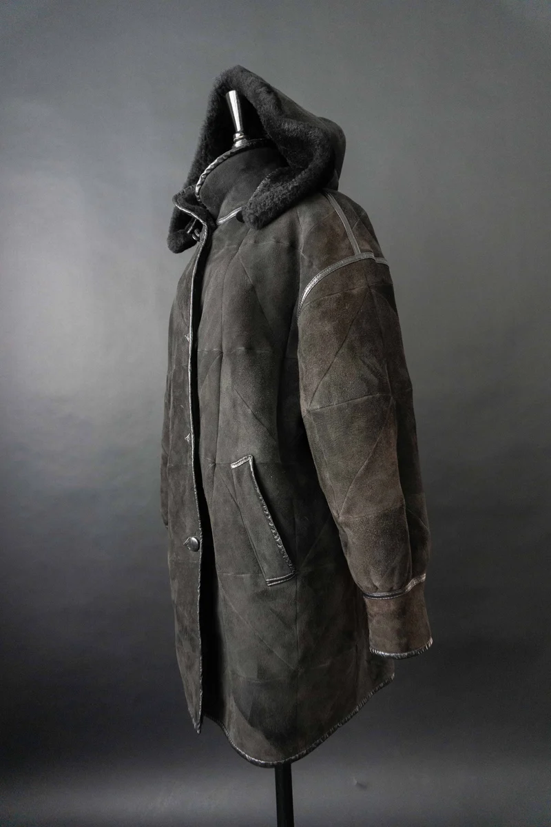 Vintage Lammfellmantel Kapuze, S–M