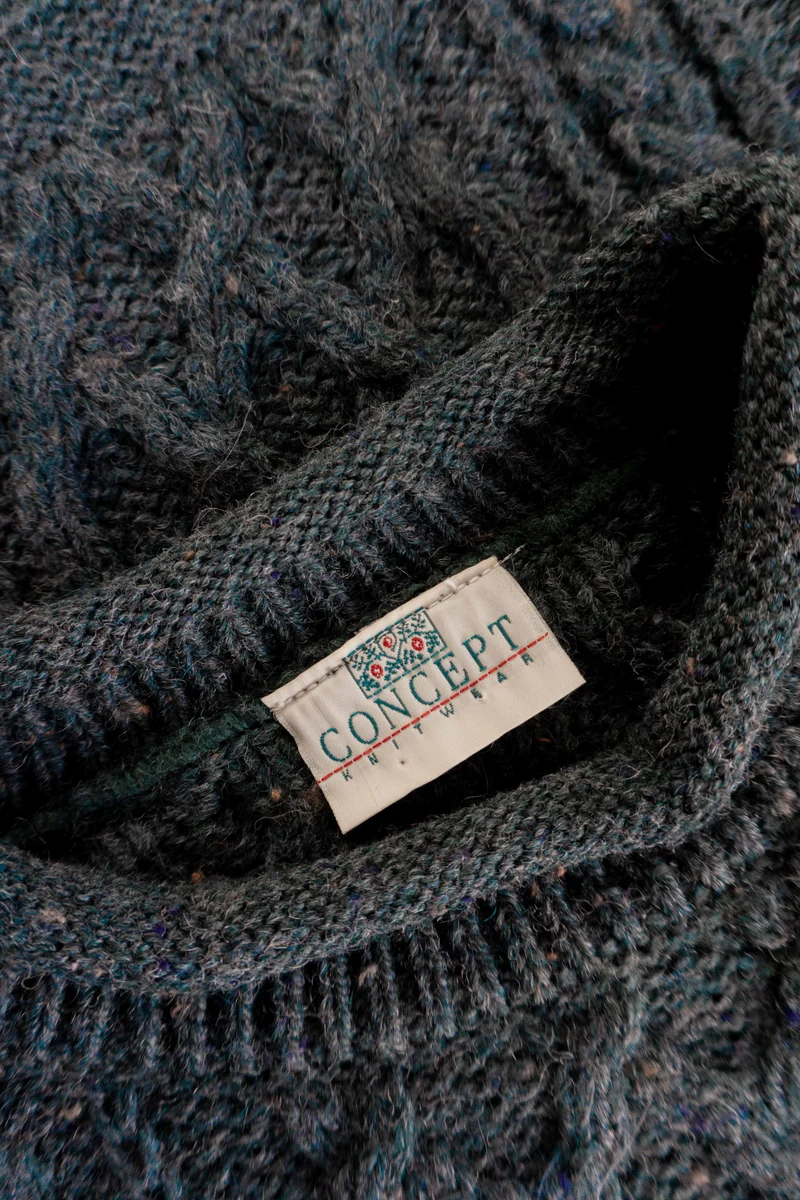 Vintage Wollpullover Zopfmuster oversized, M–XL