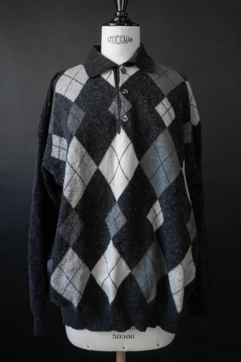 Vintage Karopullover aus Wolle mit Troyer-Kragen, M–L