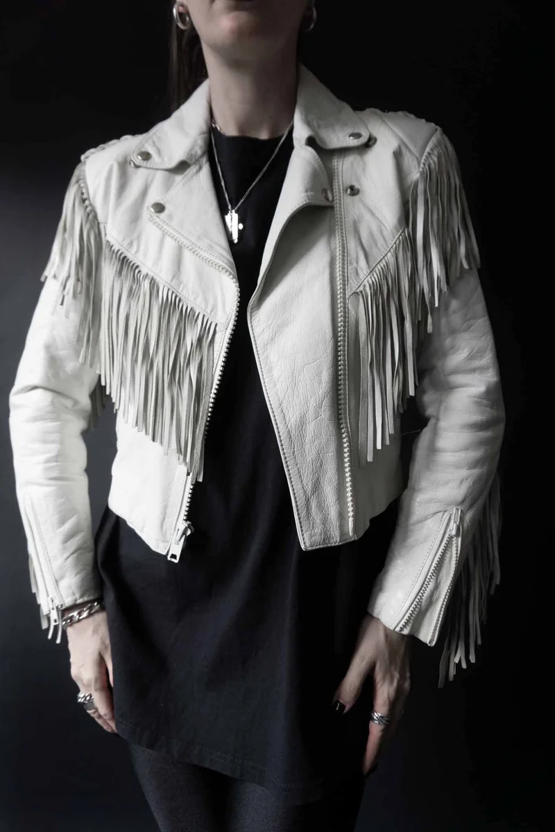 Vintage 80s Lederjacke, Weiß mit Fransen, XS–S