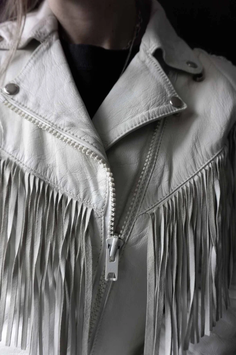 Vintage 80s Lederjacke, Weiß mit Fransen, XS–S