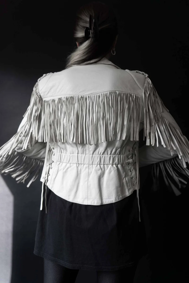 Vintage 80s Lederjacke, Weiß mit Fransen, XS–S