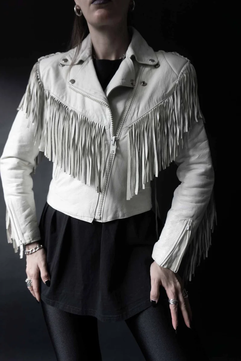Vintage 80s Lederjacke, Weiß mit Fransen, XS–S