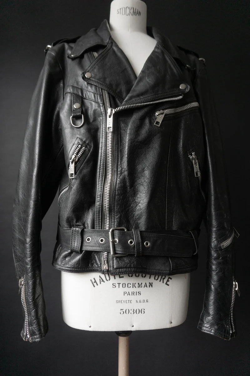 Vintage Bikerjacke mit Chain-Detail, Schwarz, M–L