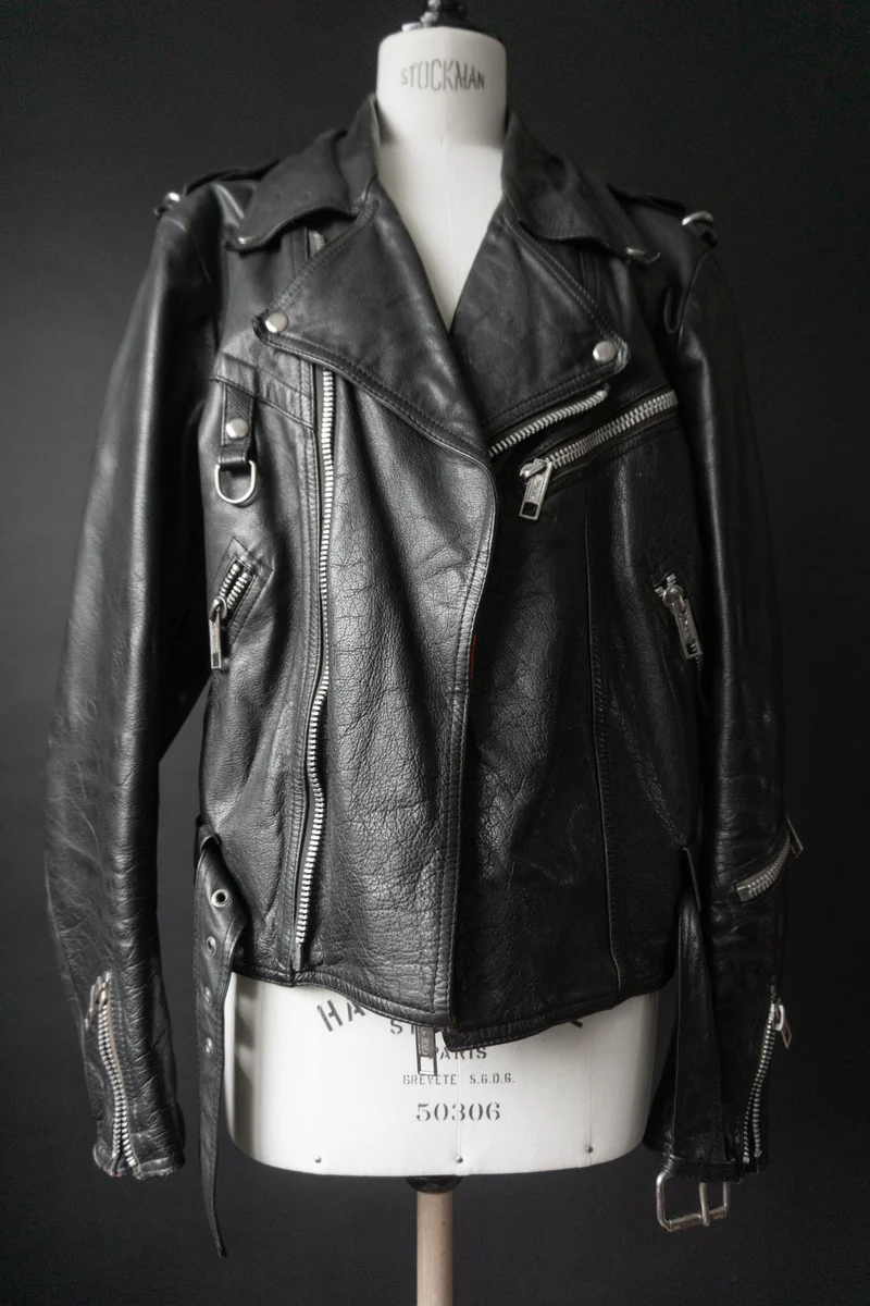 Vintage Bikerjacke mit Chain-Detail, Schwarz, M–L