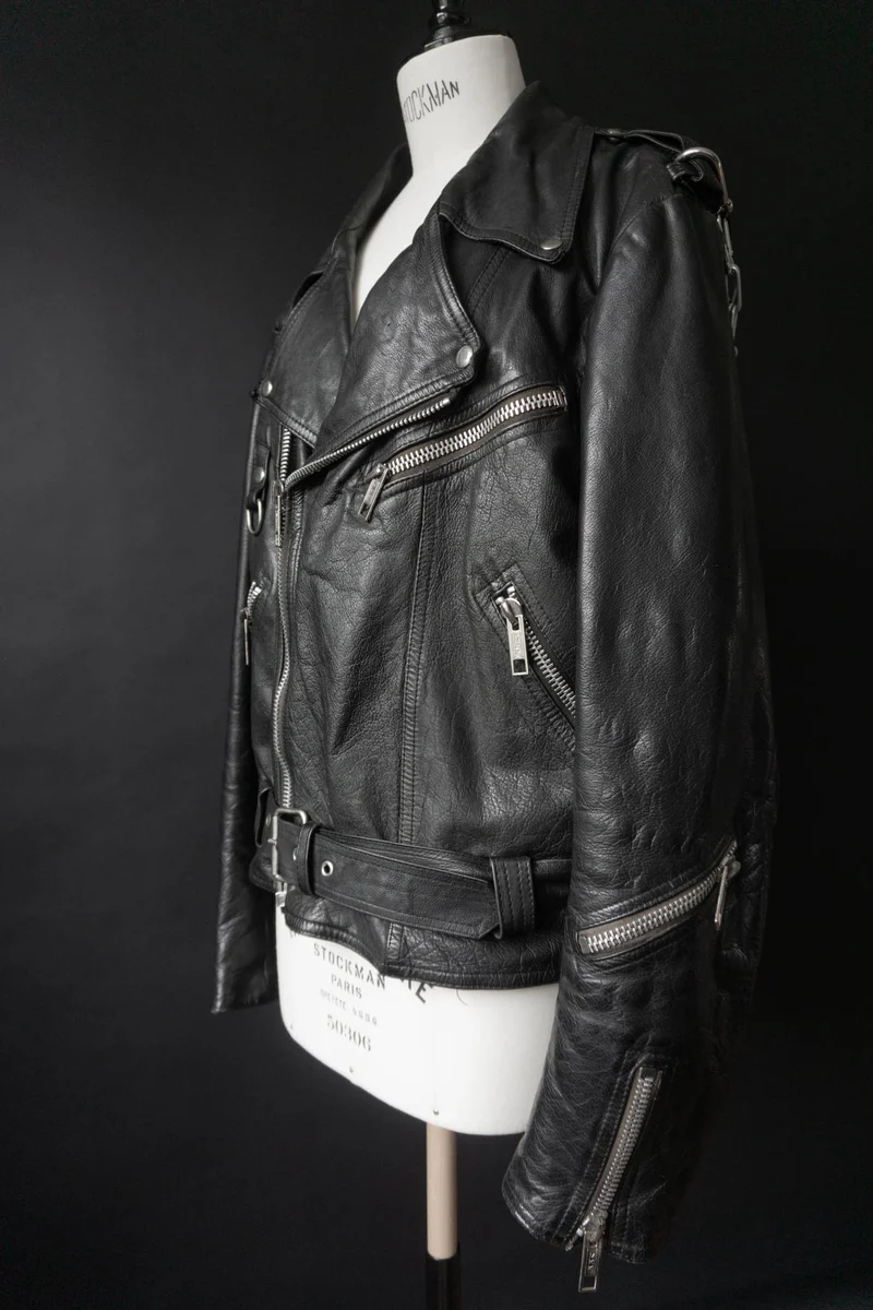 Vintage Bikerjacke mit Chain-Detail, Schwarz, M–L