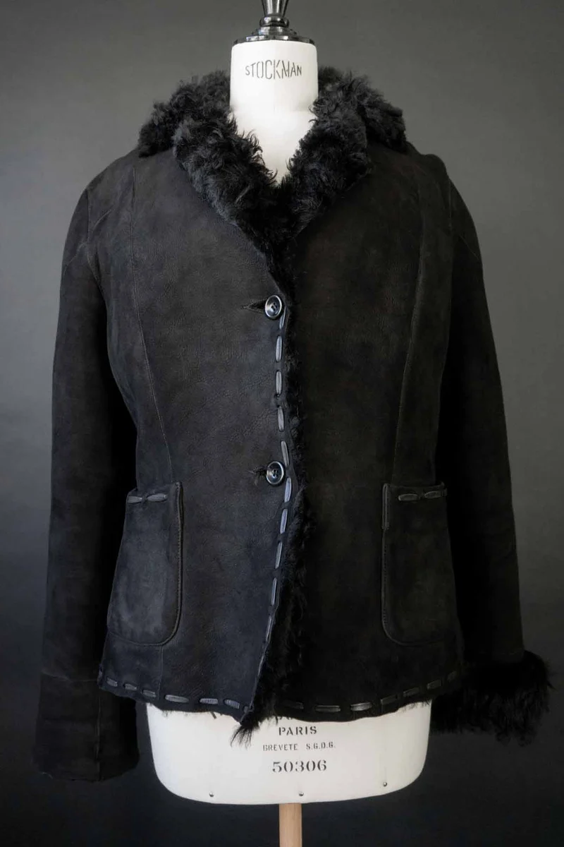 Vintage Shearling Jacke Schwarz, S–M