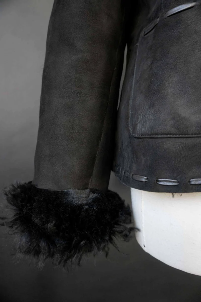 Vintage Shearling Jacke Schwarz, S–M