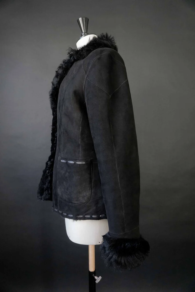 Vintage Shearling Jacke Schwarz, S–M