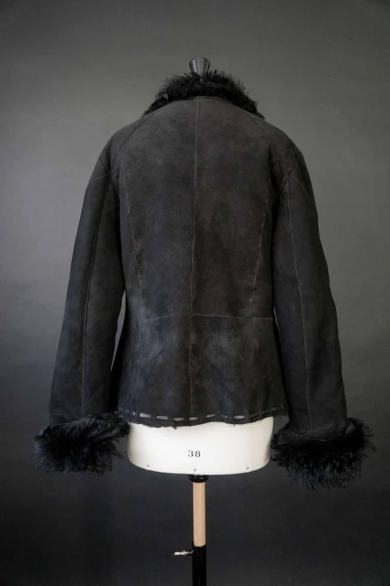 Vintage Shearling Jacke Schwarz, S–M