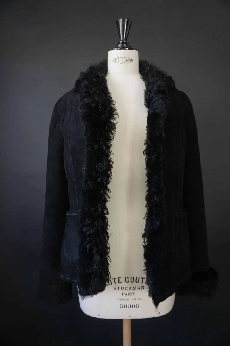 Vintage Shearling Jacke Schwarz, S–M