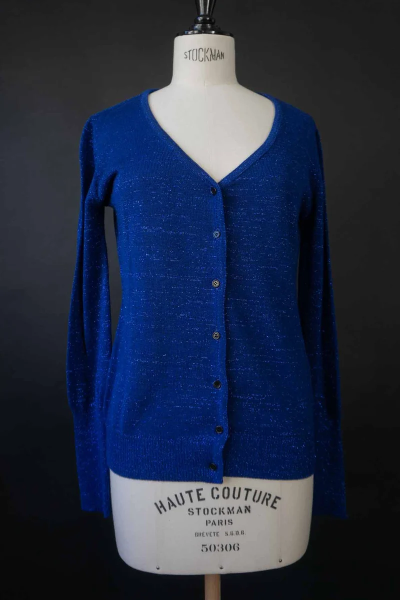 Vintage Lurex Kaschmir Strickjacke Blau, XS–S