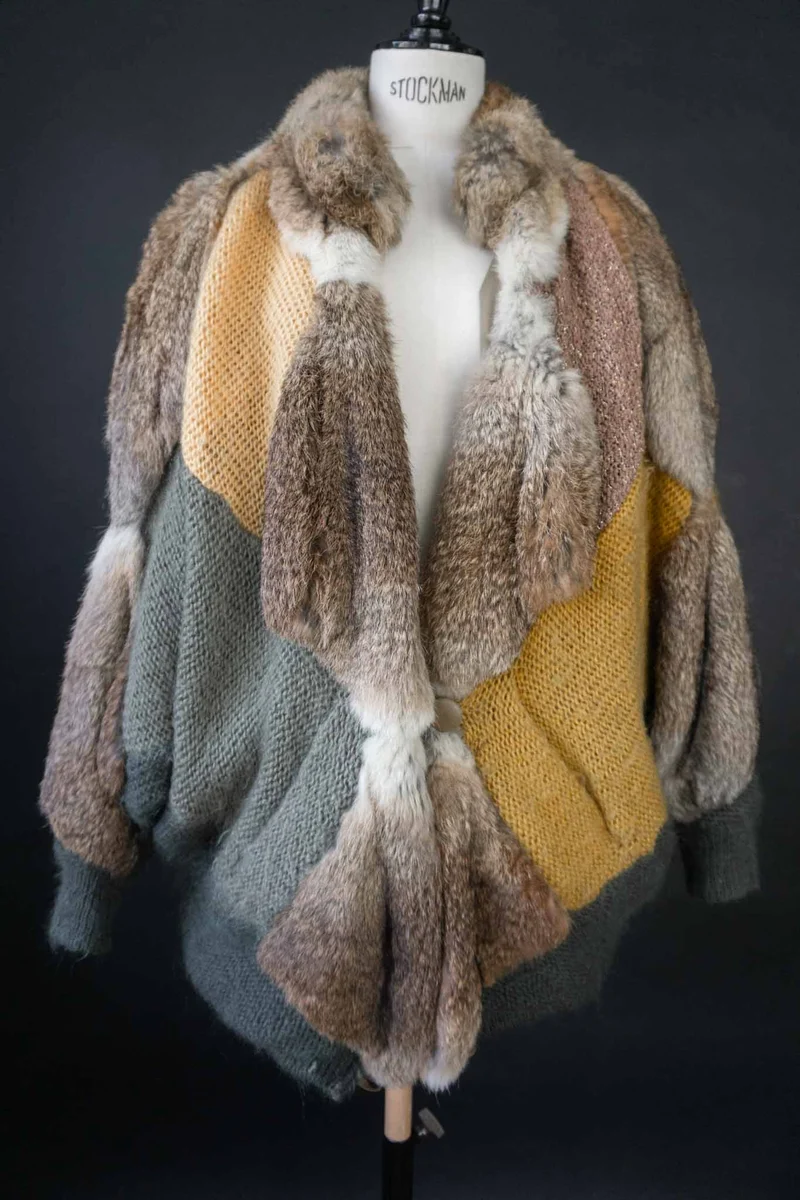 Vintage 80s Mohair Strickjacke mit Echtfell-Besatz