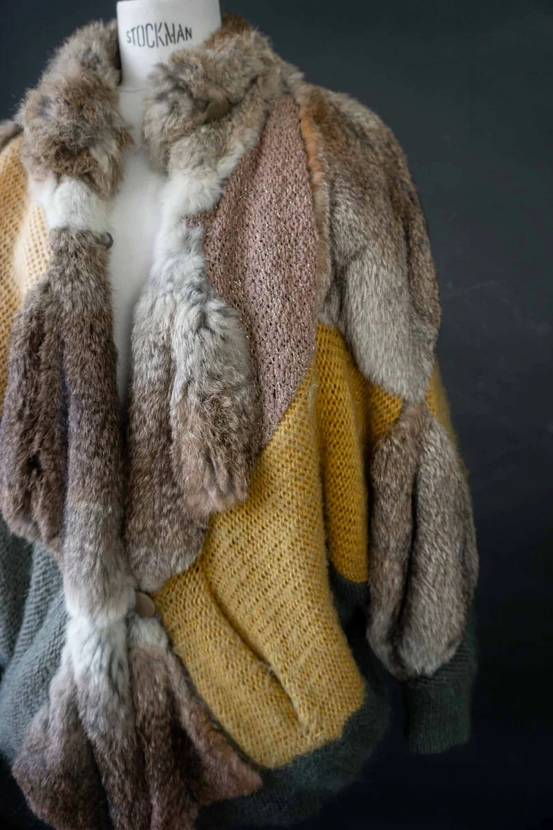 Vintage 80s Mohair Strickjacke mit Echtfell-Besatz