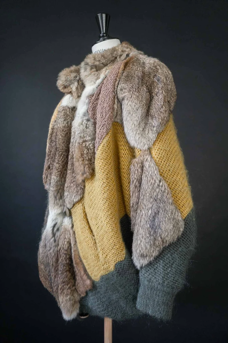 Vintage 80s Mohair Strickjacke mit Echtfell-Besatz