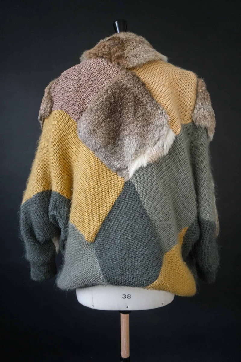 Vintage 80s Mohair Strickjacke mit Echtfell-Besatz