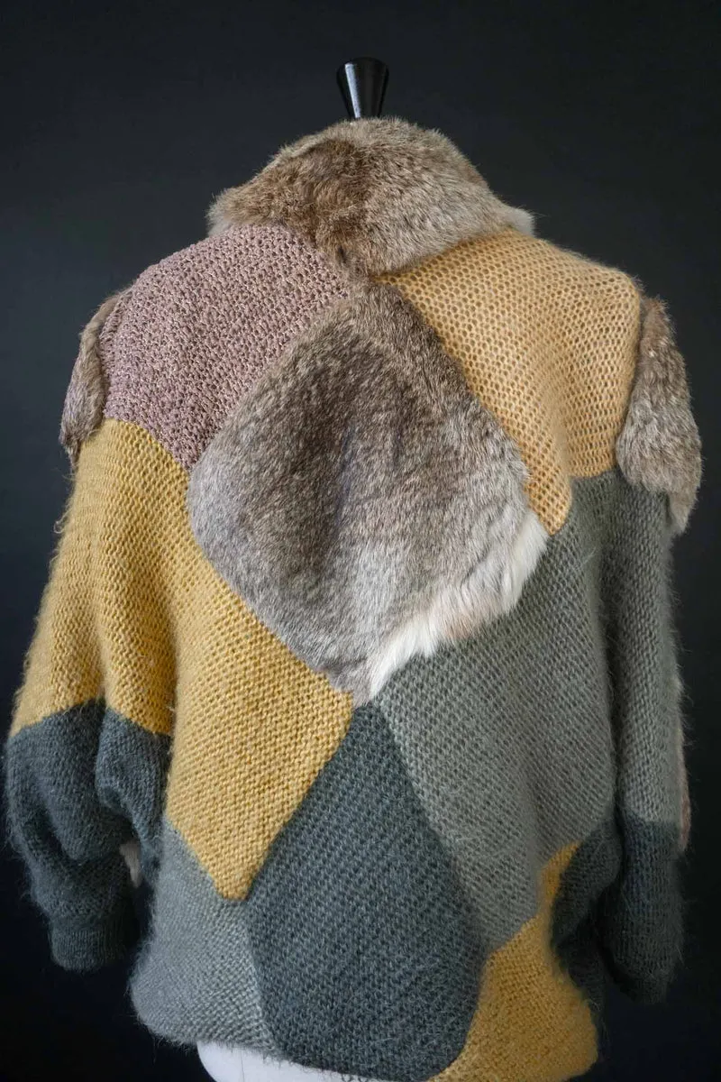 Vintage 80s Mohair Strickjacke mit Echtfell-Besatz