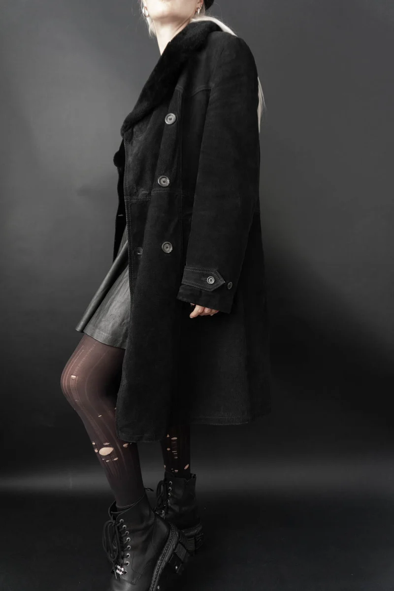 Ledermantel Fake Fur Schwarz