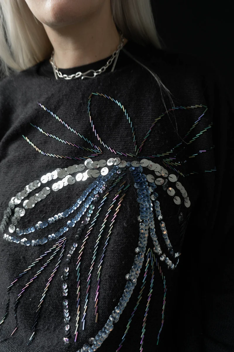 80s Pullover Pailetten Schwarz