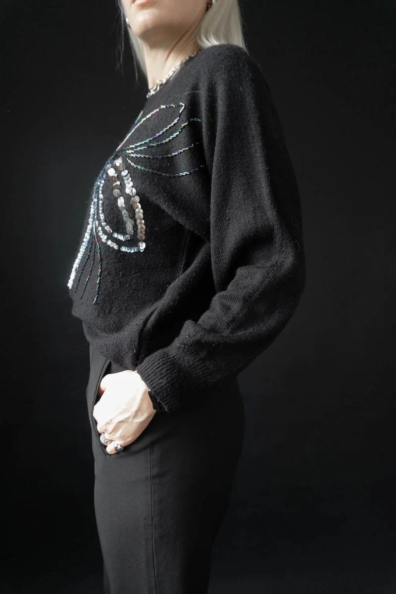 80s Pullover Pailetten Schwarz