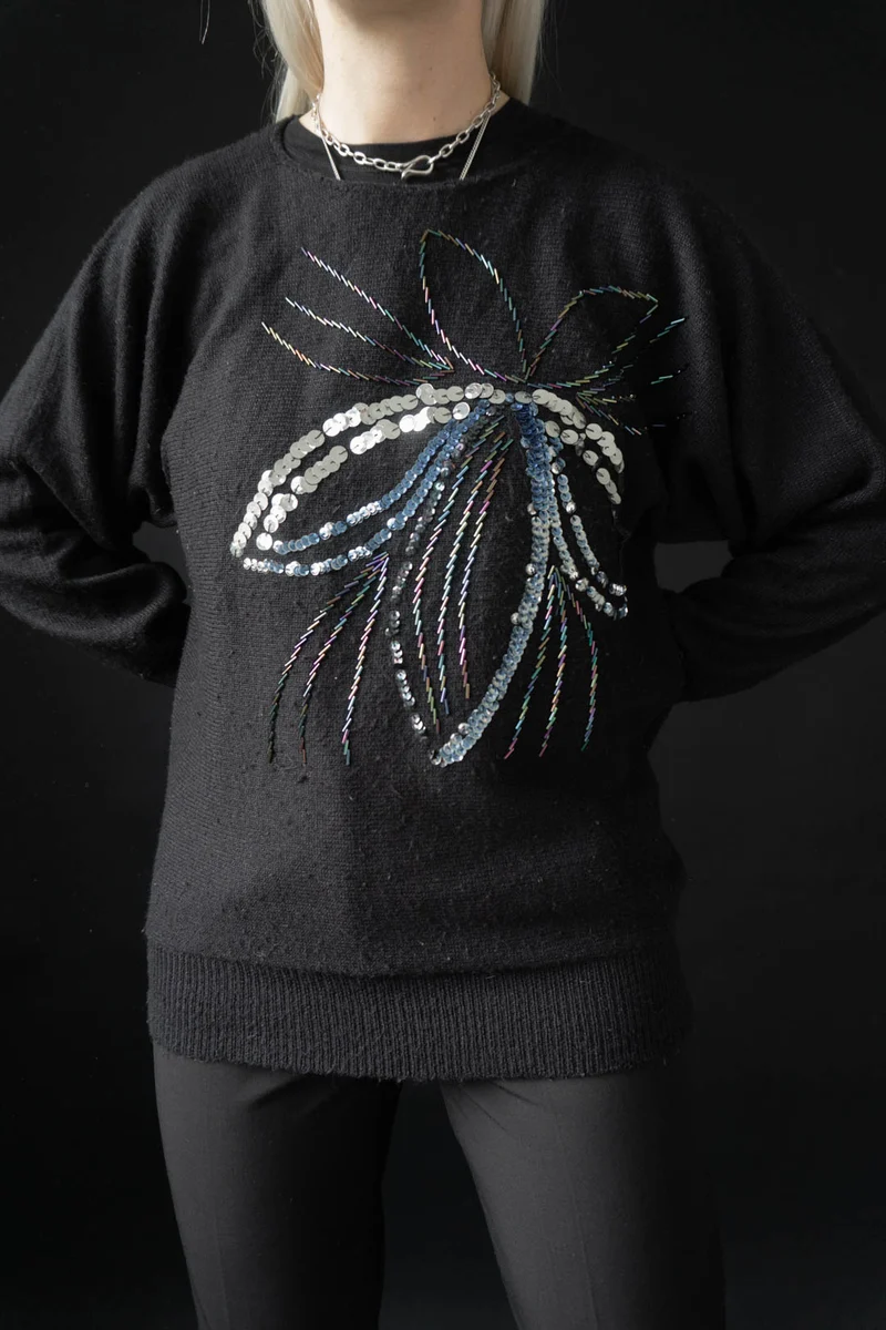 80s Pullover Pailetten Schwarz