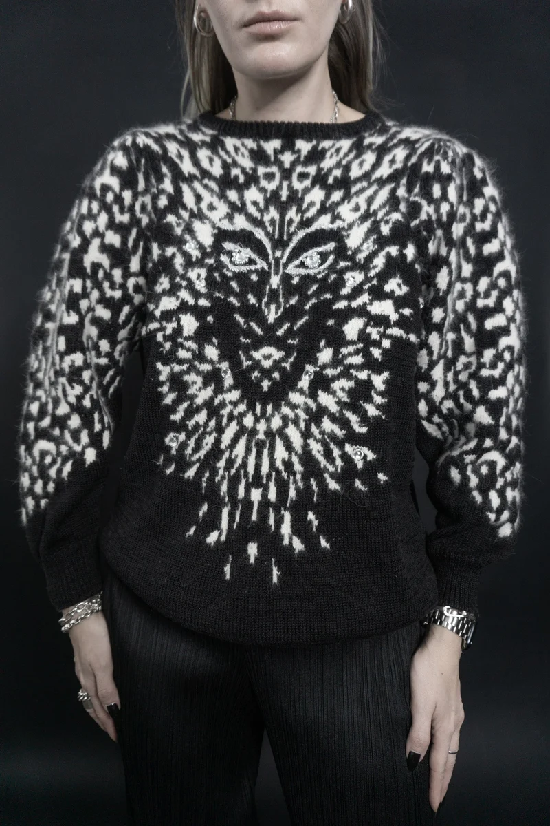 80s Pullover, Leo, Schwarz, XS–M