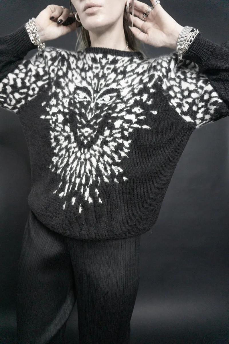 80s Pullover, Leo, Schwarz, XS–M
