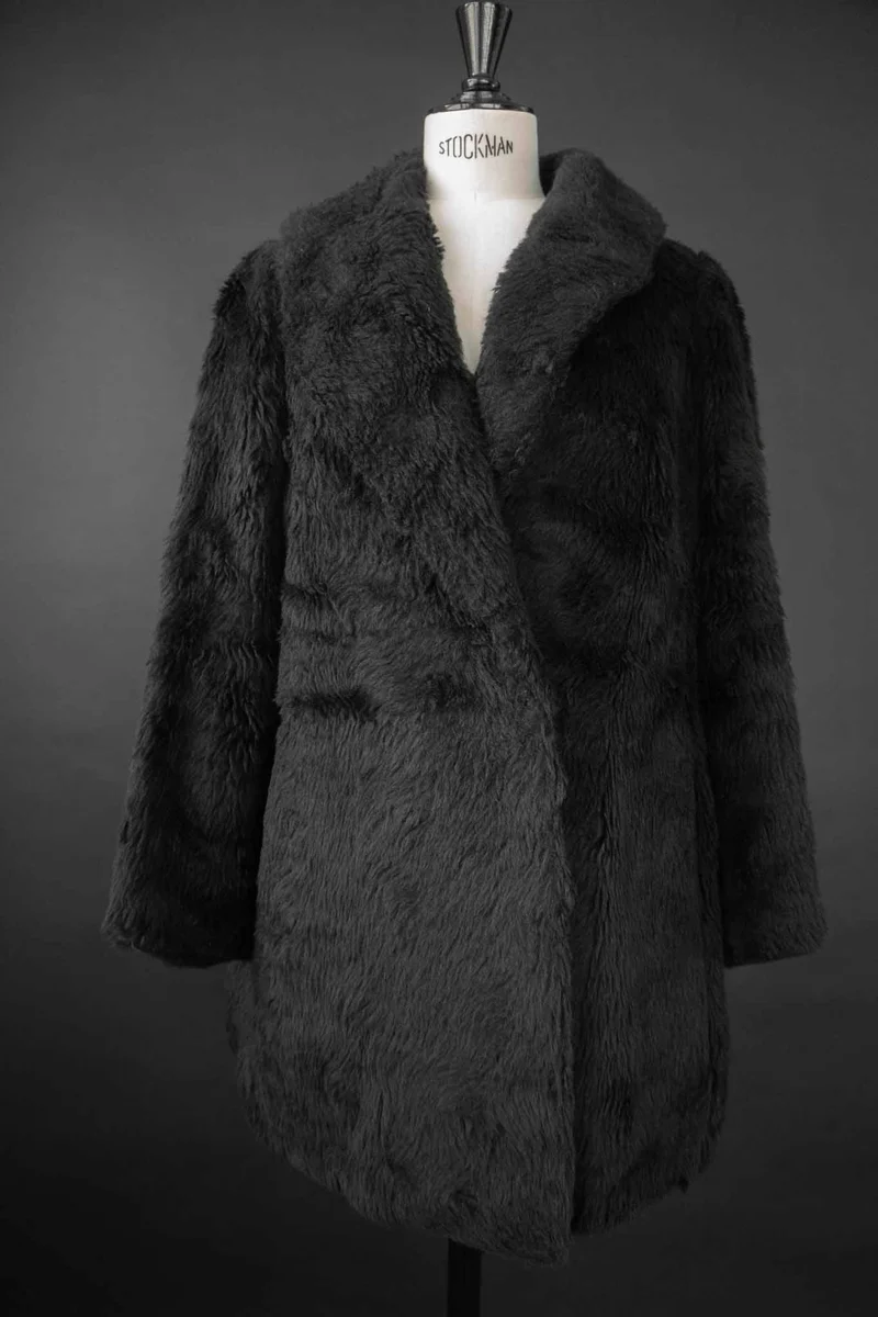 Vintage 70s Fake Fur Mantel Schwarz, S–M