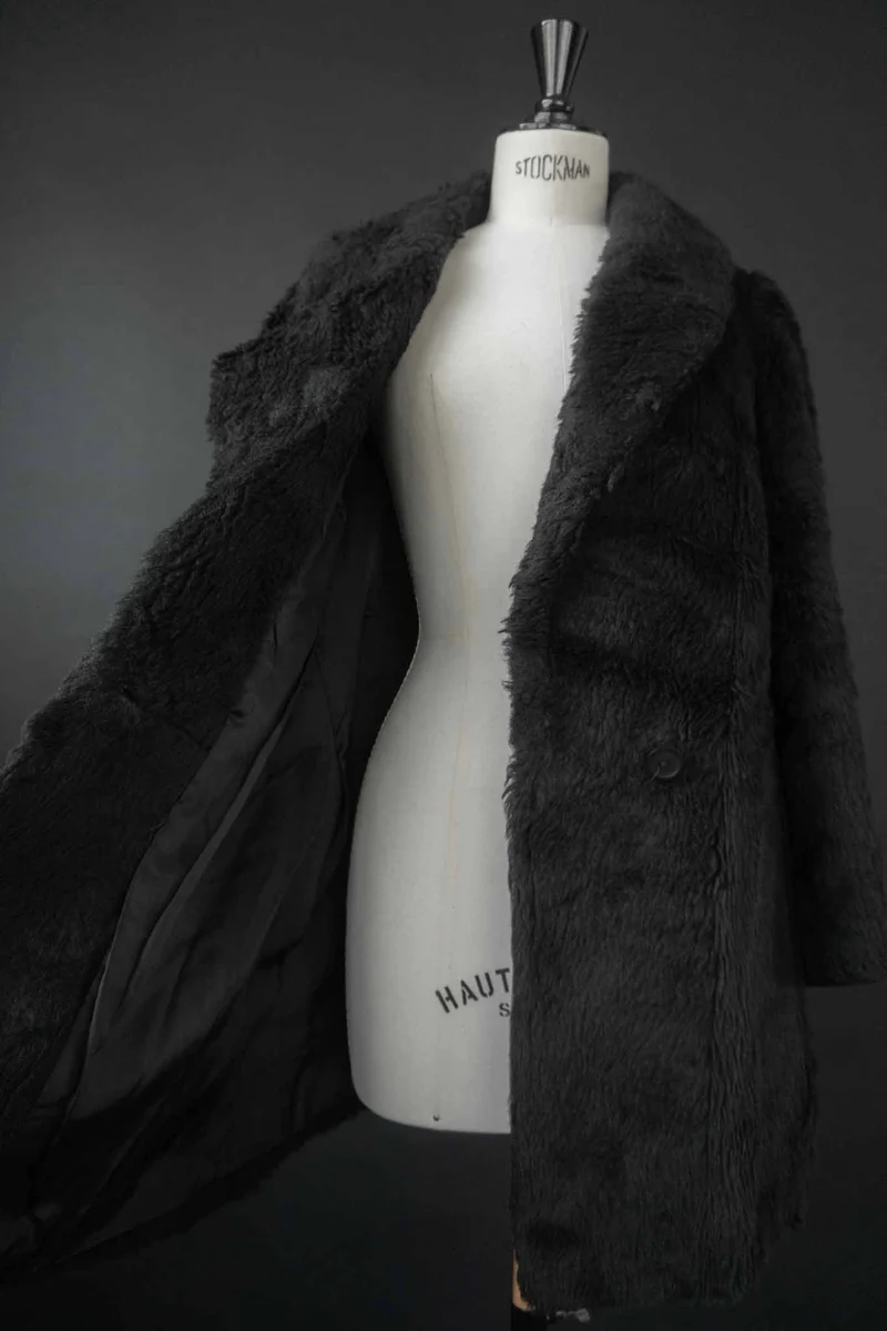 Vintage 70s Fake Fur Mantel Schwarz, S–M