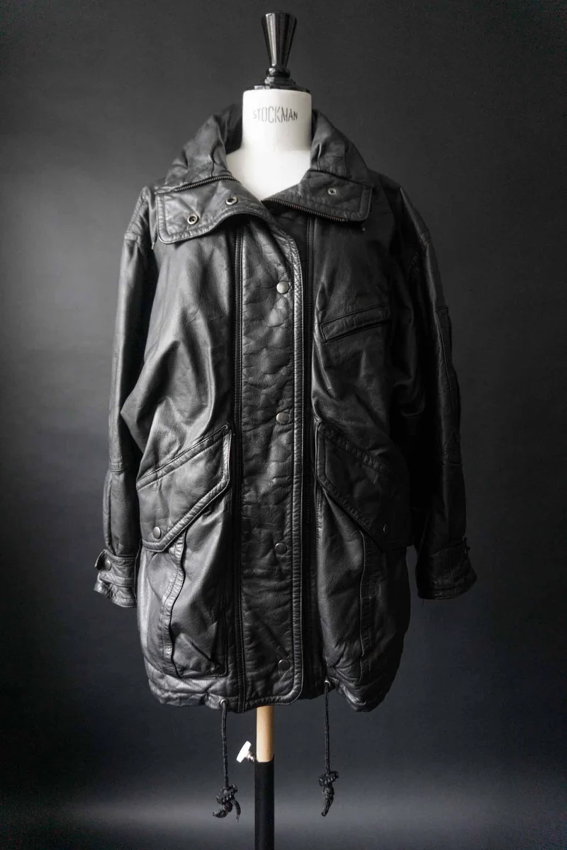 Vintage Leder-Parka, Schwarz Utility, S–L