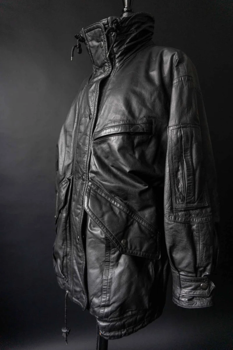 Vintage Leder-Parka, Schwarz Utility, S–L