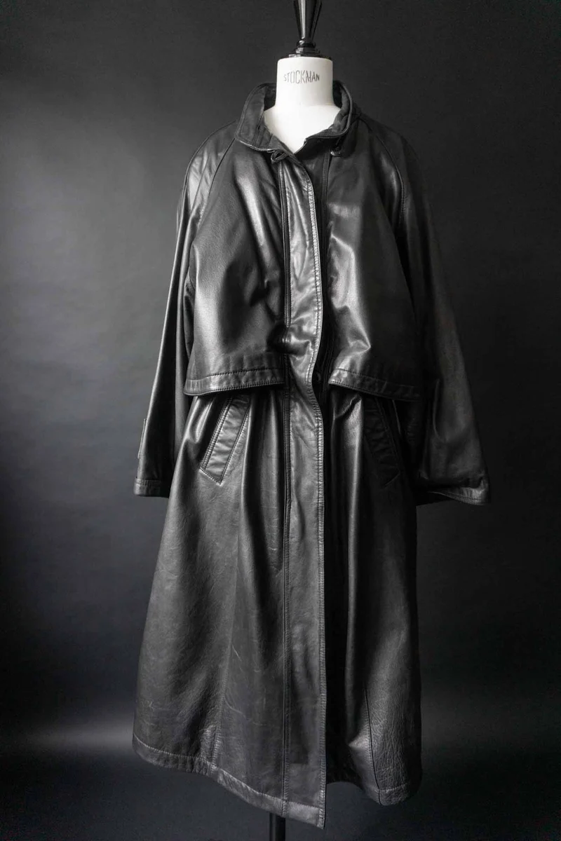 Vintage Ledermantel Trench, Schwarz, M–L