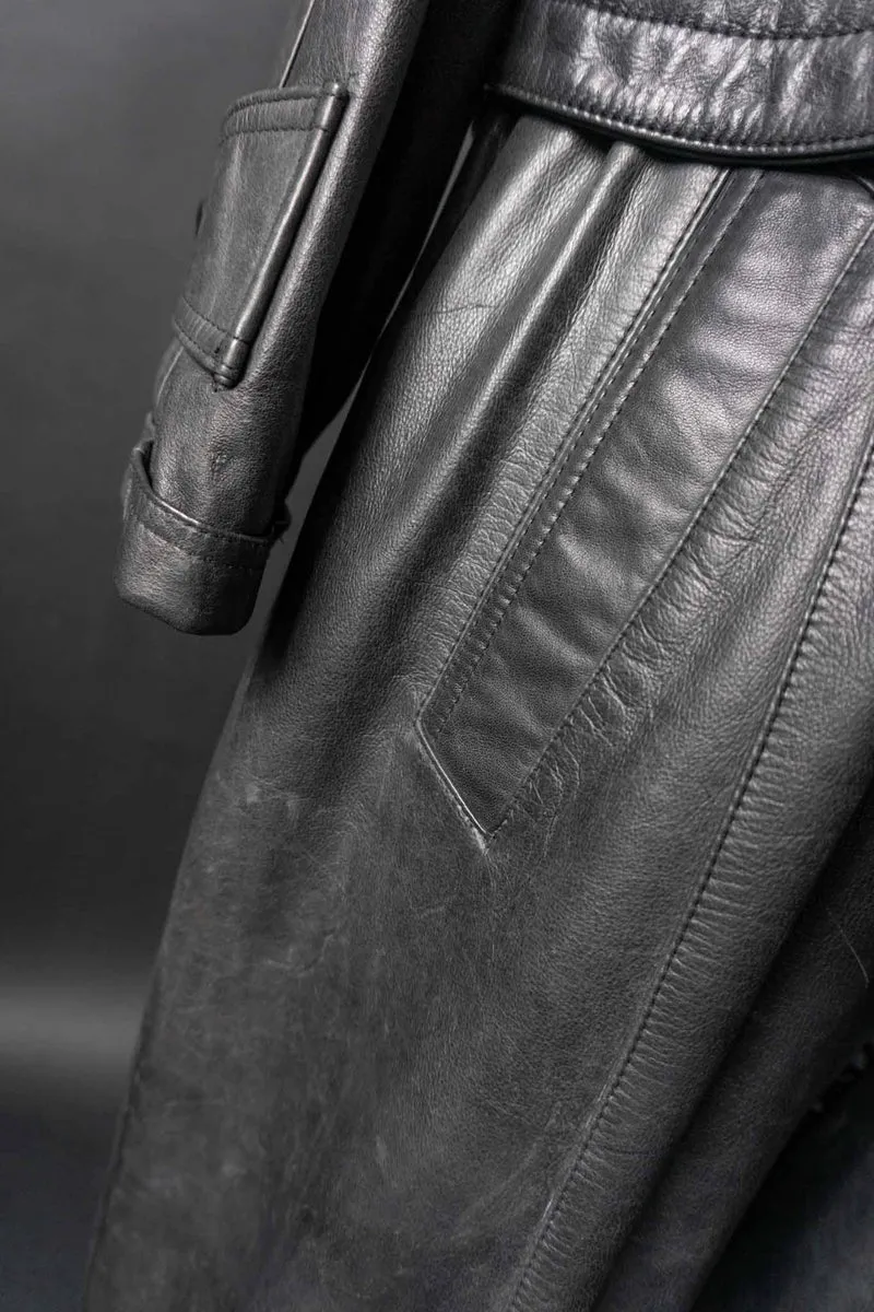 Vintage Ledermantel Trench, Schwarz, M–L