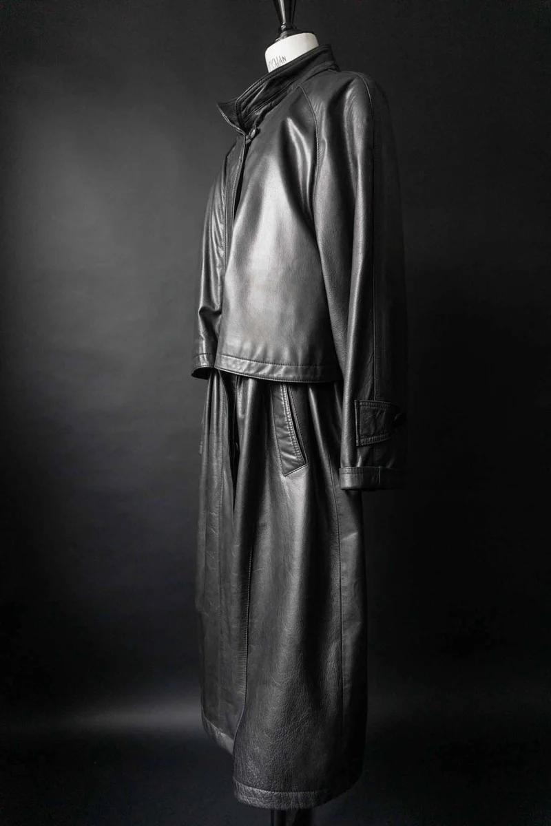 Vintage Ledermantel Trench, Schwarz, M–L