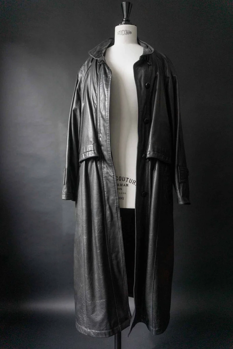 Vintage Ledermantel Trench, Schwarz, M–L