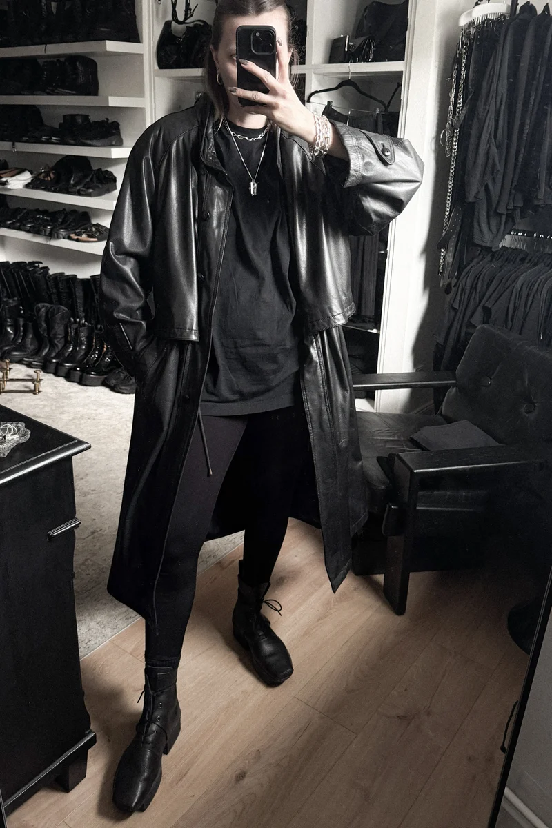 Vintage Ledermantel Trench, Schwarz, M–L