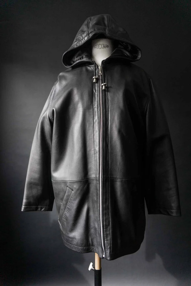 Vintage Kapuzen Lederjacke, Schwarz, M–XL