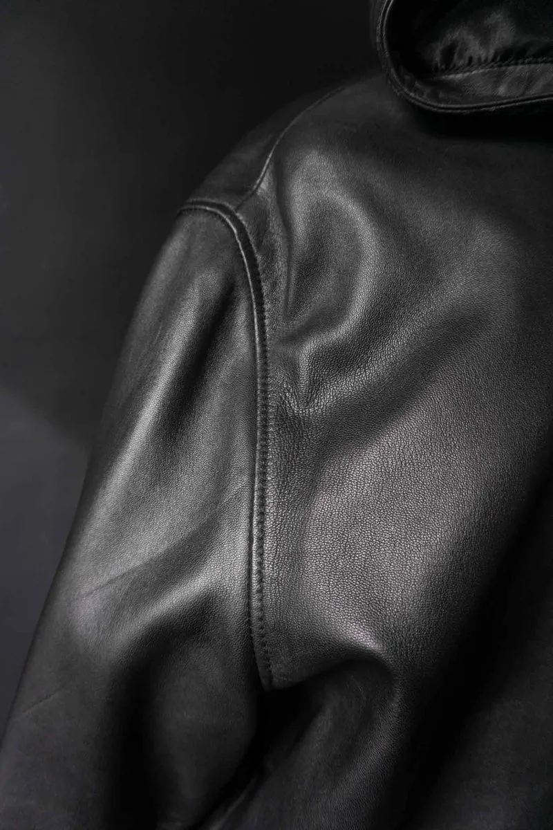 Vintage Kapuzen Lederjacke, Schwarz, M–XL