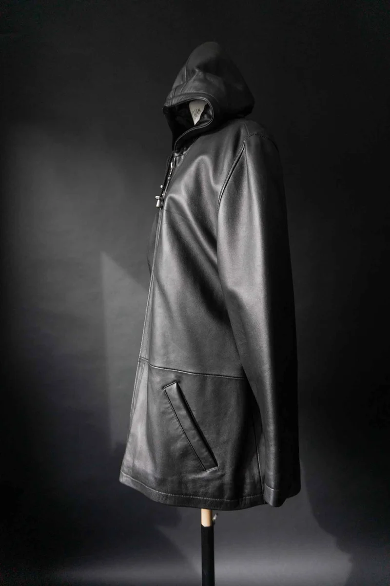 Vintage Kapuzen Lederjacke, Schwarz, M–XL