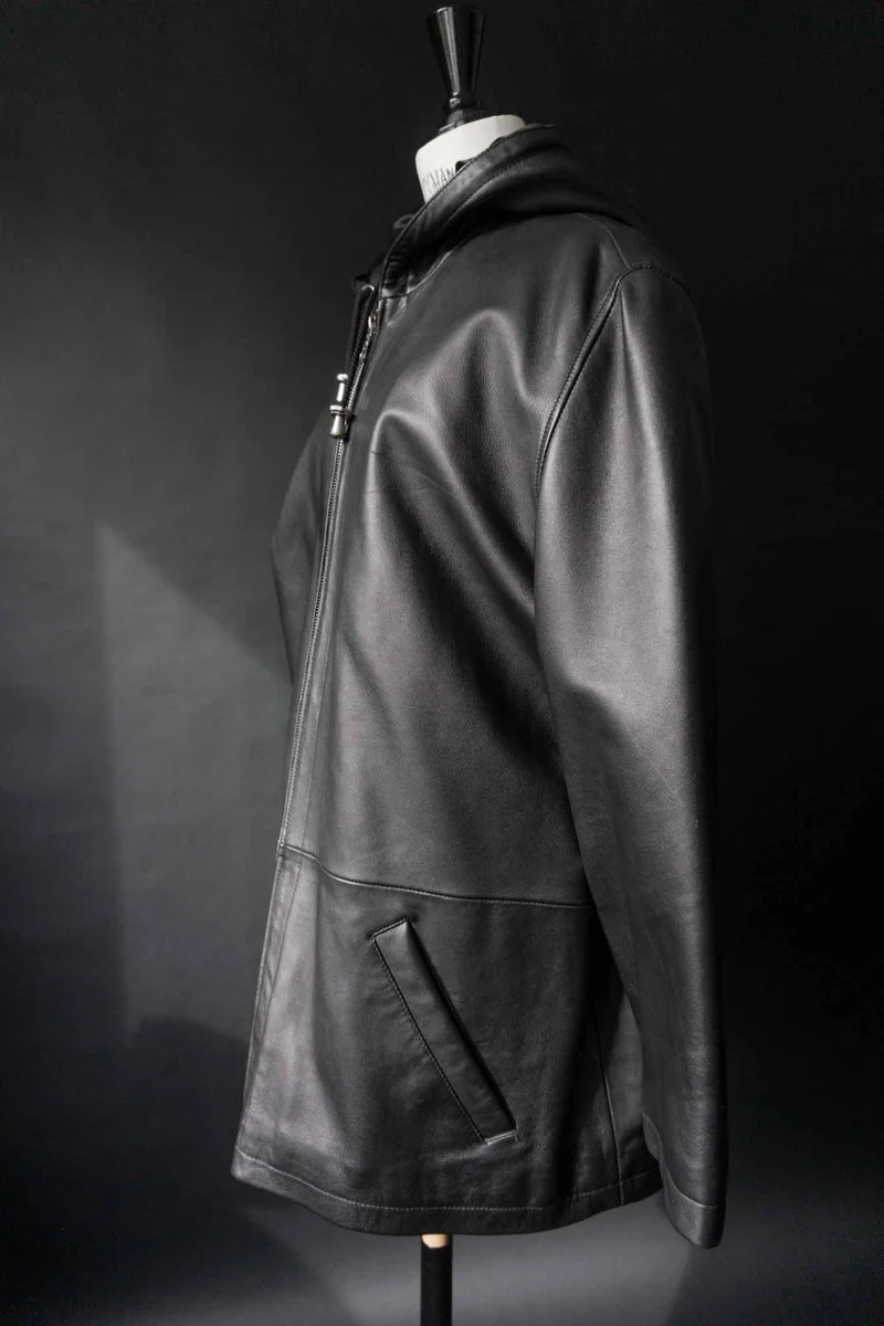 Vintage Kapuzen Lederjacke, Schwarz, M–XL